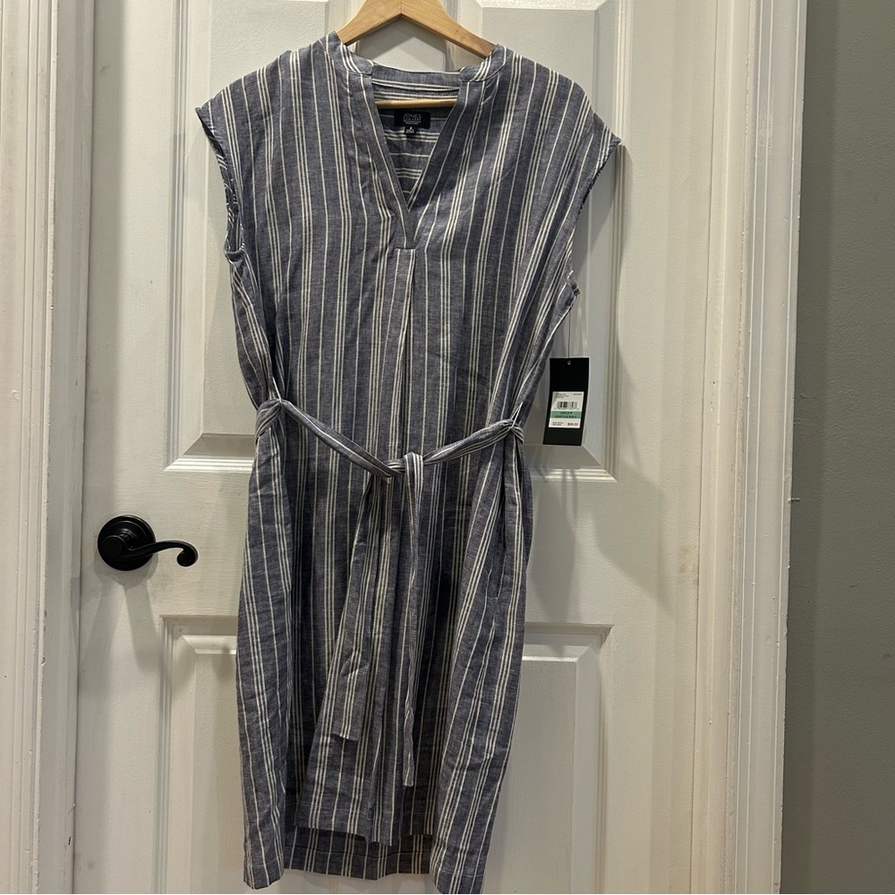 Jones New York Navy/White Striped V-Neck Midi Dress Workwear W Belt Size 8